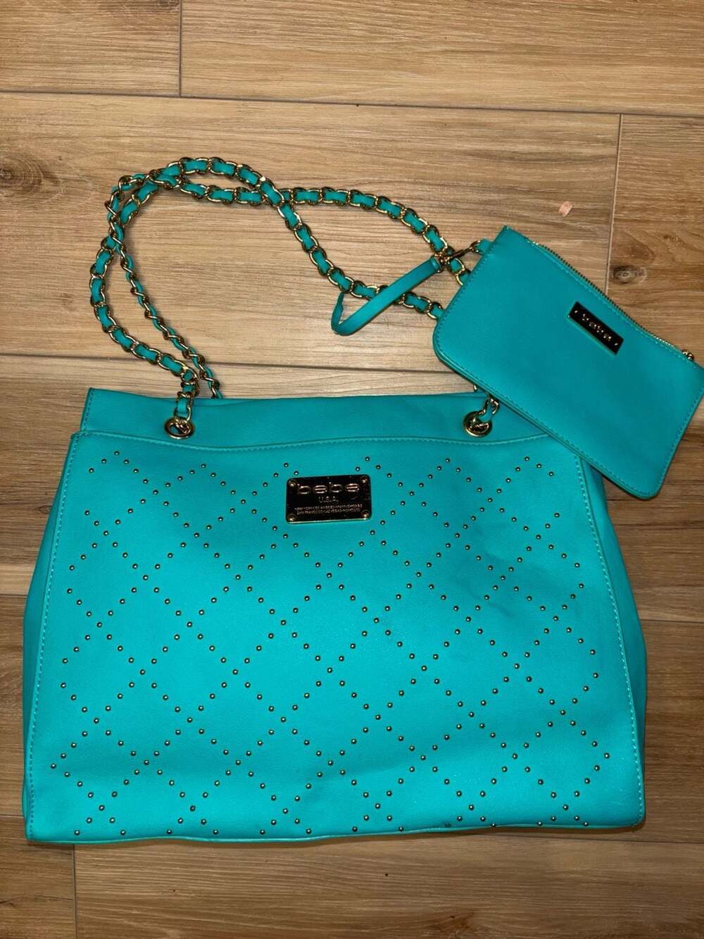 bebe RARE COLOR Studded Turquoise Gols Tote Bag with Pouchette pouch